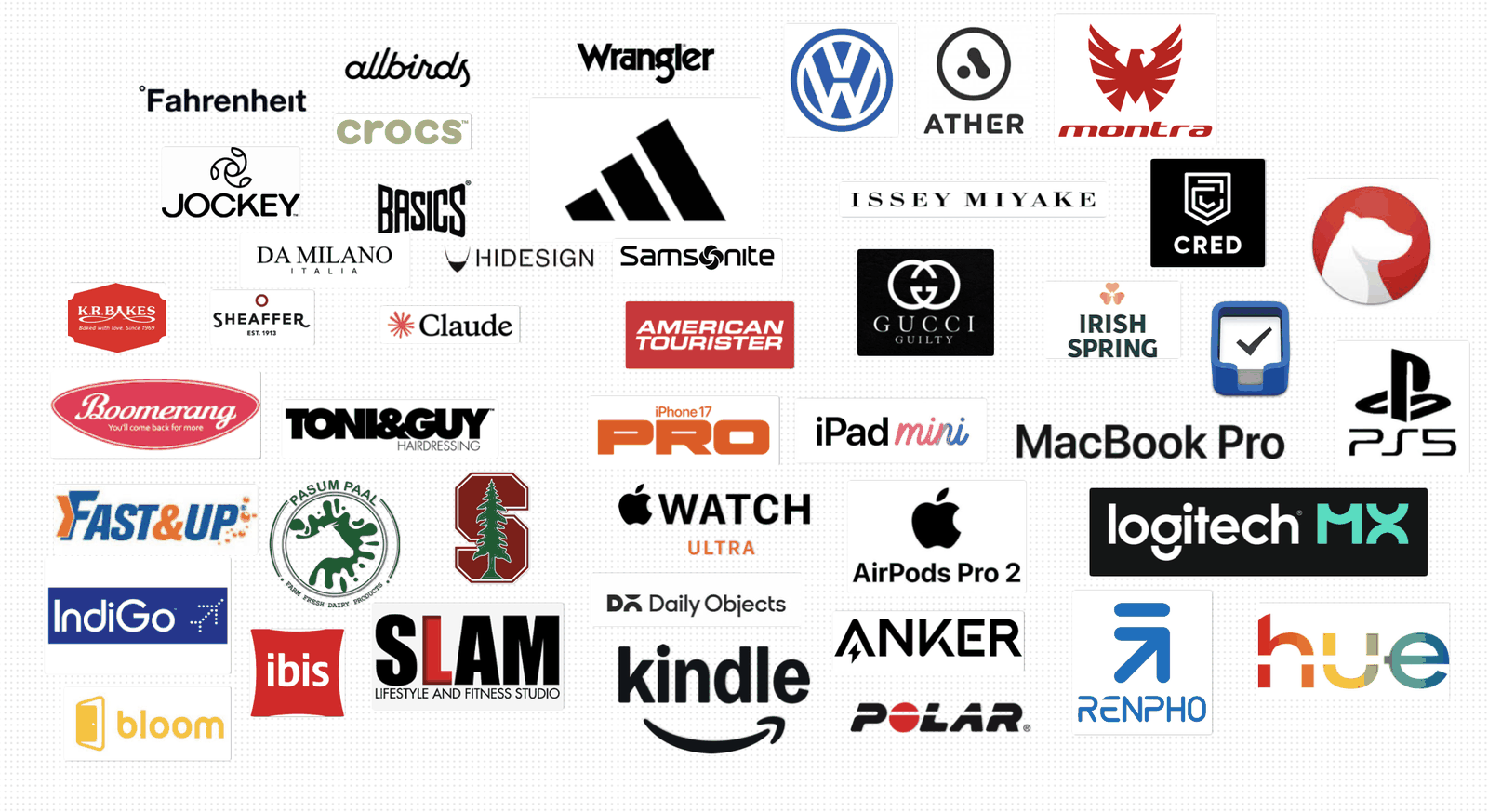 A board of forty-five brand logos: Volkswagen, Ather, Montra, Wrangler, Crocs, Jockey, Adidas, Issey Miyake, Gucci Guilty, Samsonite, KR Bakes, Pasum Paal, Toni and Guy, IndiGo, ibis, SLAM, Stanford, iPhone, MacBook Pro, Apple Watch, Kindle, PS5, Logitech MX, Hue and others, one brand per job
